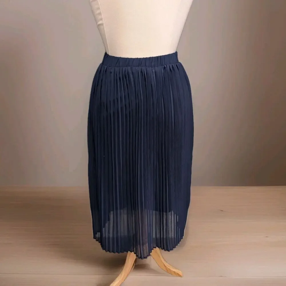 Avon Navy Blue Midi Chiffon Pleated Skirt Modest Cottagecore Medium